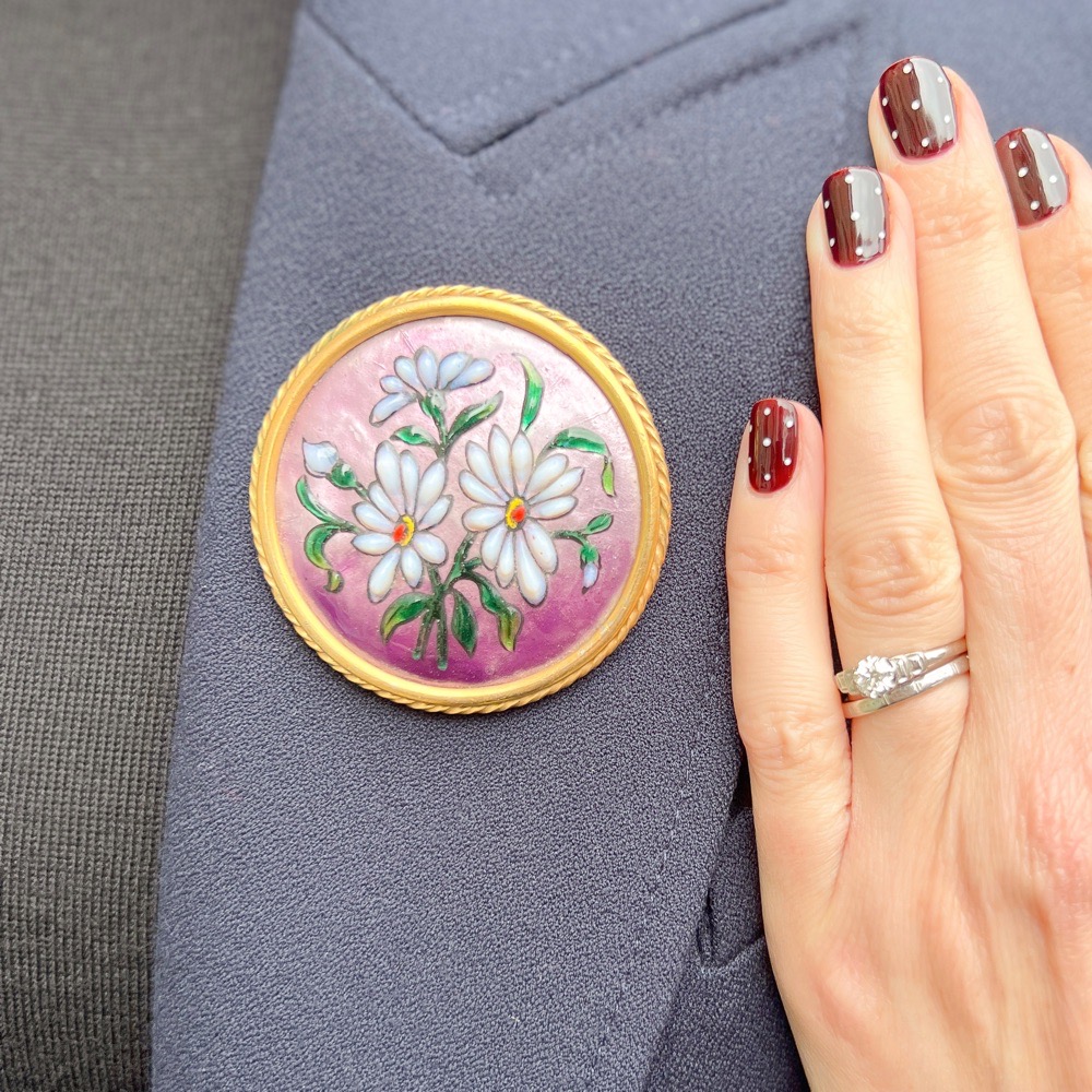 1930s French Enamel and Glass Vintage Flower Brooch